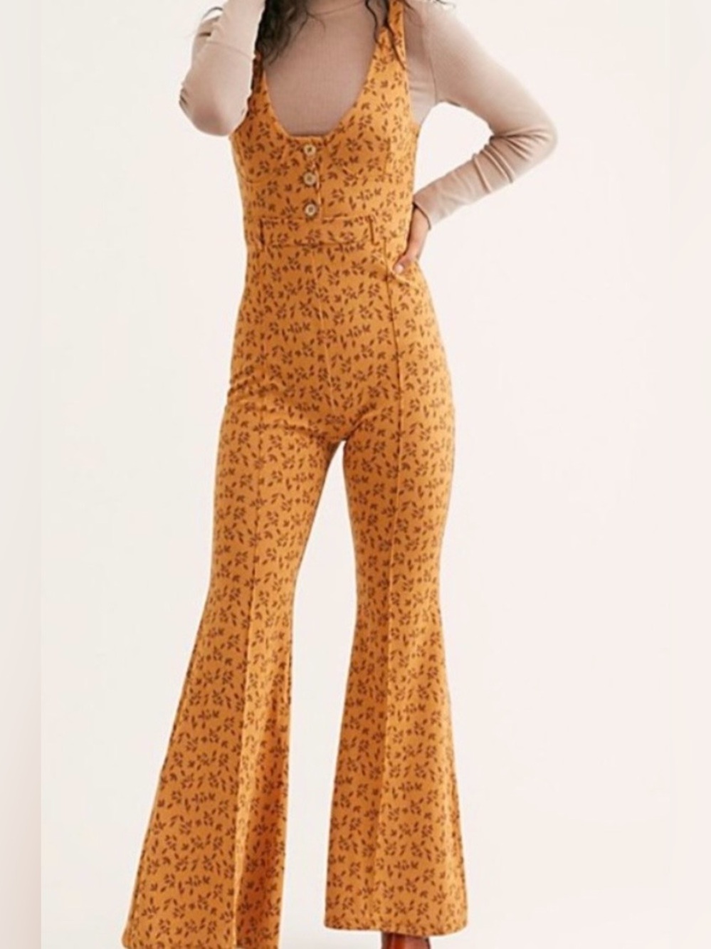 Free People Mustard Floral Tie-Shoulder Jumpsuit